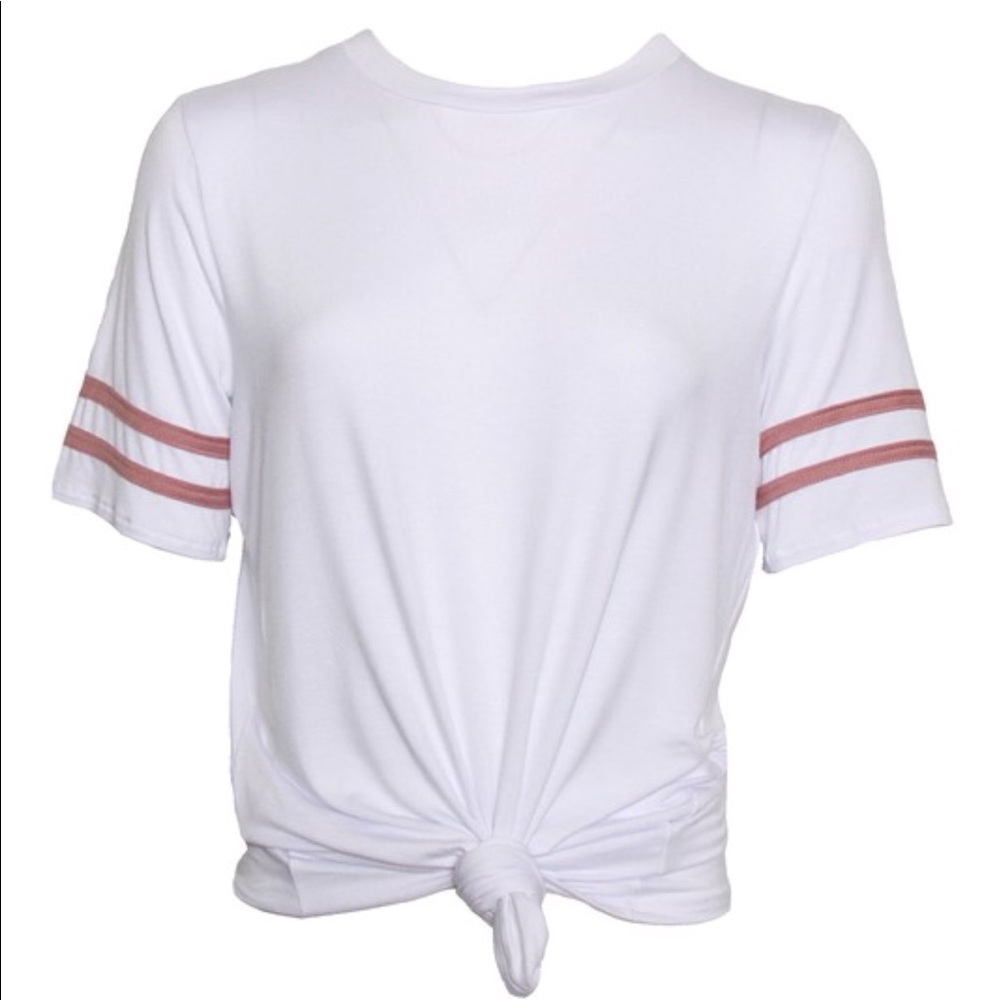 White t-shirt with mauve stripes on sleeve